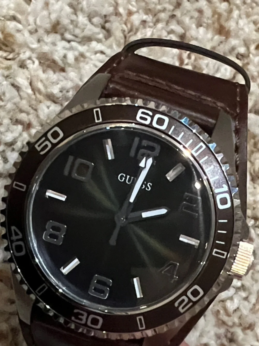 Guess Men's Brown Leather Strap Watch with Dark Green Dial